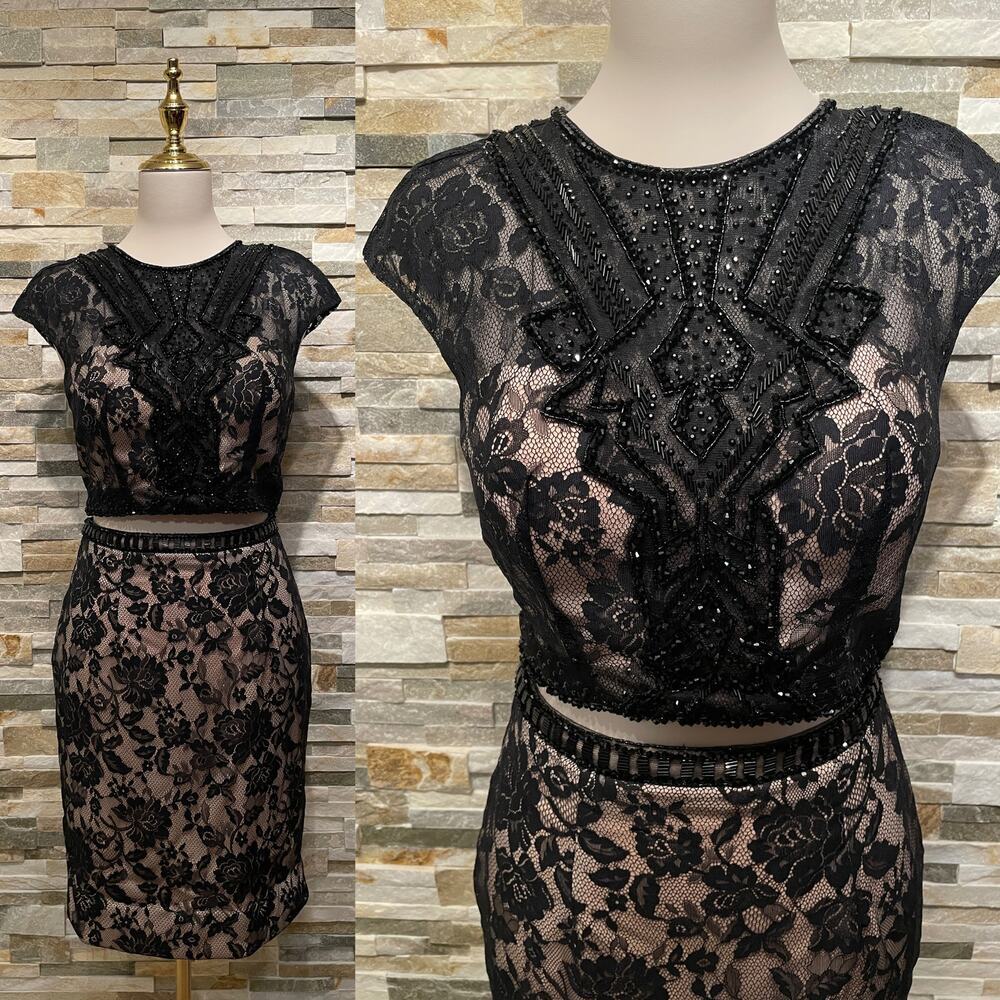 Morilee Madeline Gardner 2 Pc Beaded Black Lace Dress 6 | Mini Prom Cocktail